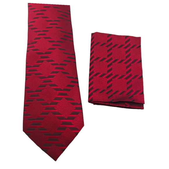 2 Piece Set Mario Lorenzi Mens Tie & Pocket Square Red Black  60" Classic - Picture 1 of 7
